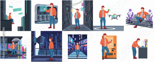 Flat Design Character Illustration Man in Futuristic City Lifestyle