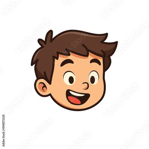Head cartoon boy with brown hair in happy smiling expression. Suitable for childrens books, websites, and educational material.