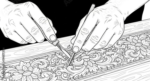 Hands meticulously carving intricate designs on a wooden surface.