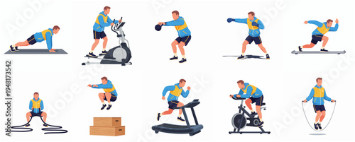 Flat Design Man Performing Different Exercise Activities at Gym Illustration