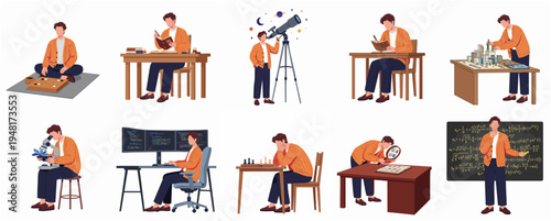 Flat Illustration Set Depicting Young Man in Different Occupation and Hobbies
