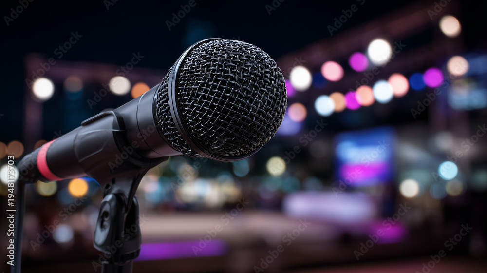 Obraz premium Macro view of podium microphone plugs, shallow depth of field with blurred notes and stage lights, metallic and textured cable details in sharp focus, professional press conference