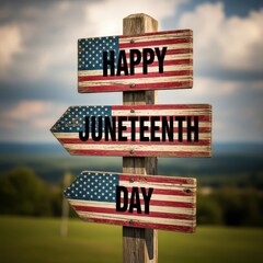 Happy juneteenth day sign with american flag on wooden boards outdoors