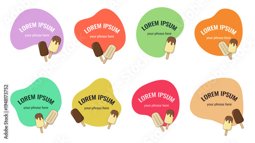 Colorful set of organic background shapes with copy space for text. Abstract liquid frames with ice cream for promotional labels. Flat vector template.