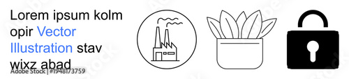 Environmental protection, security measures, organizational growth, industrial processes, business safety, minimalism. Factory emitting smoke, potted plant padlock. Focus on environment and security