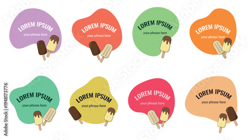 Colorful set of organic background shapes with copy space for text. Abstract liquid frames with ice cream for promotional labels. Flat vector template.