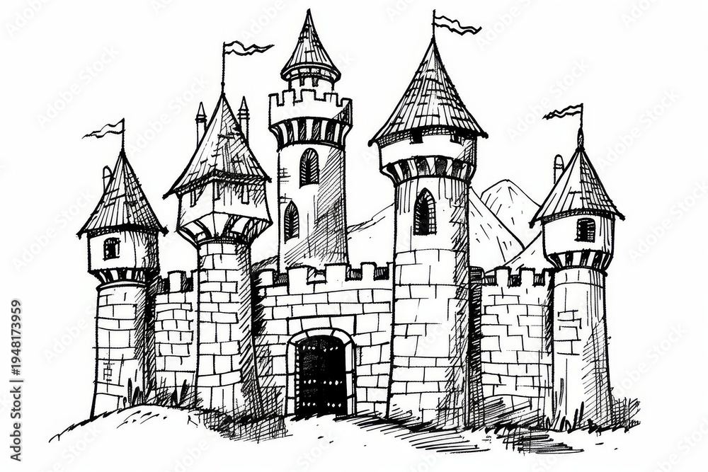 Fototapeta premium Coloring page of a cartoon drawing of an old castle with turrets, clean and sharp cross-hatching inking, in coloring book style on a white background.