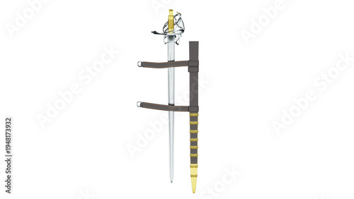 Foto 3D rendering of a sword with a detailed hilt and scabbard
