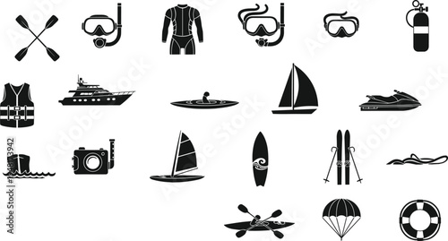 Water sports and diving equipment silhouette icons set including kayak paddles, snorkel mask, wetsuit, sailboat, yacht, jet ski, surfboard, underwater camera