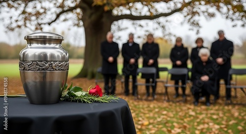 Funeral urn with rose and rosemary rests before mourners.