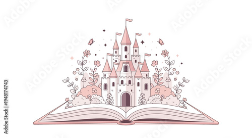 An open book reveals a whimsical fairytale castle illustration