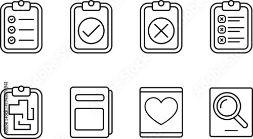 Collection of flat design icons representing checklists feedback symbols puzzles books hearts and magnifying glasses for various applications