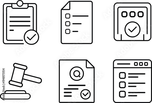 A collection of six simple outline icons representing legal and administrative tasks with clear visual indicators