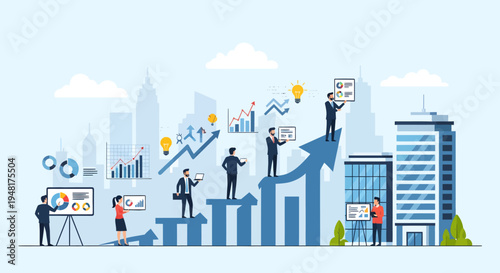 Business growth and rising analytics trends with city skyline and career progression concept elements