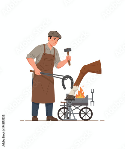 blacksmith hammering hot metal on anvil vector illustration
