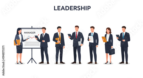 Business team gathered for presentation on leadership and corporate strategy success