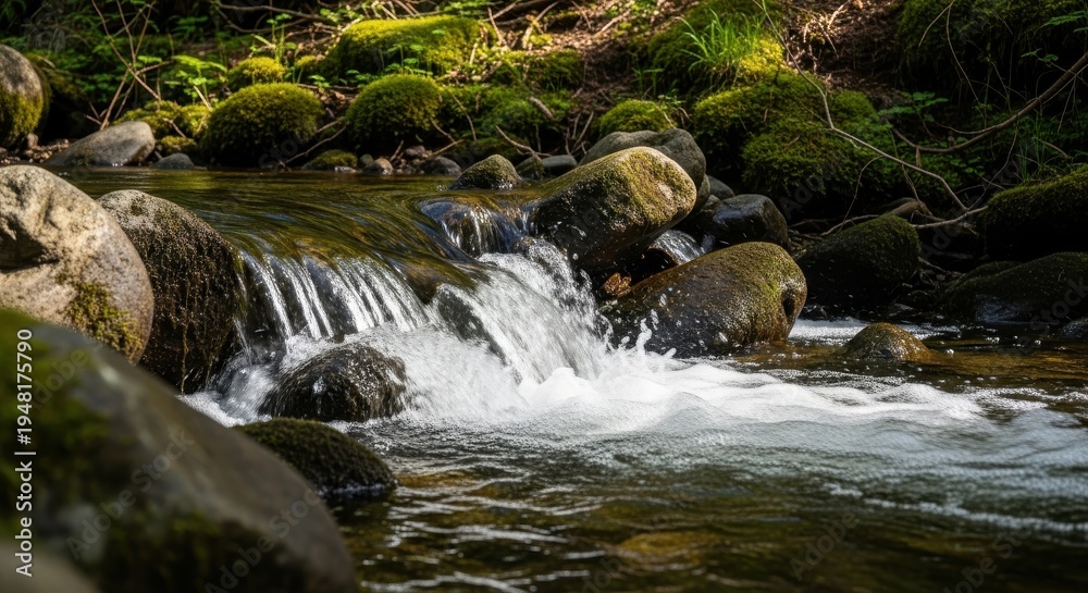 Obraz premium Refreshing cascade of sparkling water flowing over smooth, dark grey rocks in a lush forest setting