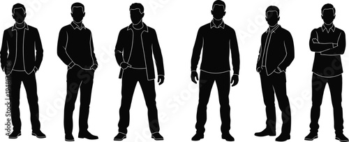 Set of standing men silhouettes wearing casual outfits and jackets posing in various professional and stylish positions for vector graphic design.