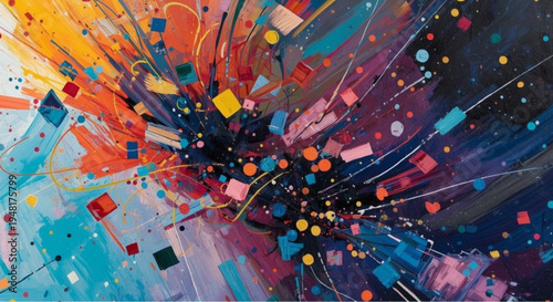 Vibrant abstract art with colorful splashes and geometric shapes exploding outward