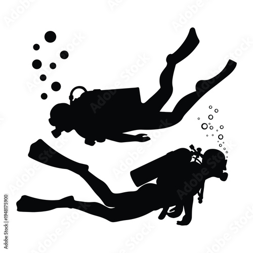 Scuba Diver Silhouette Set - Deep Sea Diving and Underwater Adventure Vector.