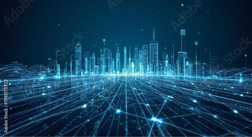 Futuristic cityscape with neon blue lines and dots on a dark background at night