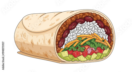 Illustration of a fully loaded burrito with visible ingredients