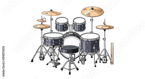 A modern drum kit with cymbals and drumsticks