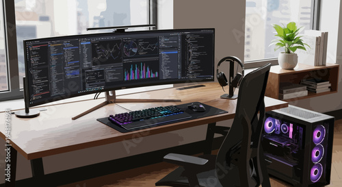 Modern Home Office Setup with Curved Ultrawide Monitor and Gaming PC