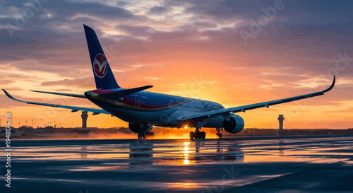 Airplane Taxiing on Wet Tarmac at Sunset, Reflecting Sun and Sky