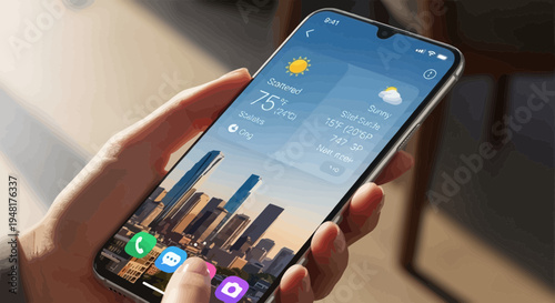 Hand holding smartphone with weather app displaying city skyline and sun