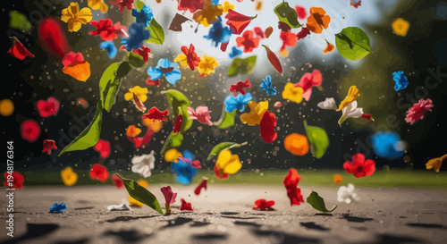 Colorful Flowers Falling and Floating in Air, Spring Celebration