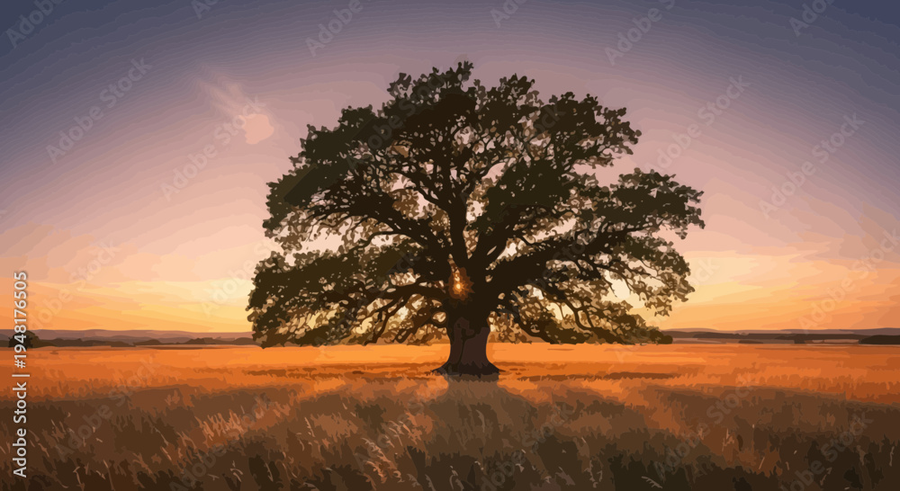 Fototapeta premium Solitary Oak Tree Silhouette at Sunset in Golden Field