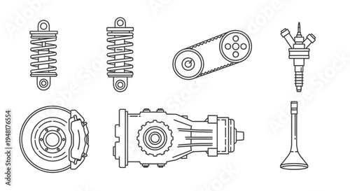 Set of Car Spare Parts and Engine Components Vector Icons in Line Art Style for Automotive Maintenance and Repair