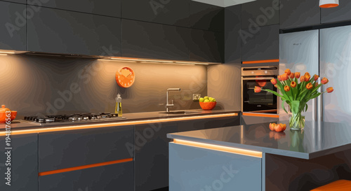 Modern Luxury Kitchen Interior Design with Dark Countertops and Accent Lighting
