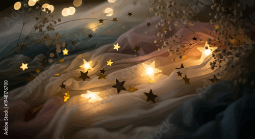 Magical Starry Night Sky Abstract Background with Bokeh Lights and Soft Fabric Textures