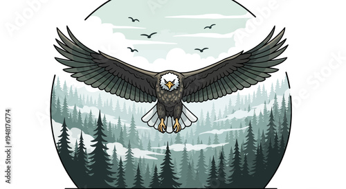 Majestic Eagle Soaring Over Misty Pine Forest Landscape