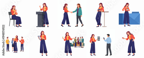 Flat Design Diverse Business Woman and Man Characters in Different Poses and Actions