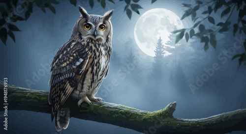 Wise Owl Perched on Branch Under Full Moon Night Sky with Forest Silhouette