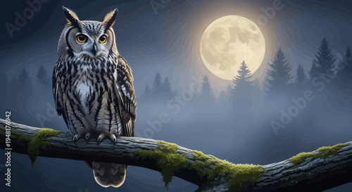 Majestic Owl Perched on Mossy Branch Under Full Moon at Night