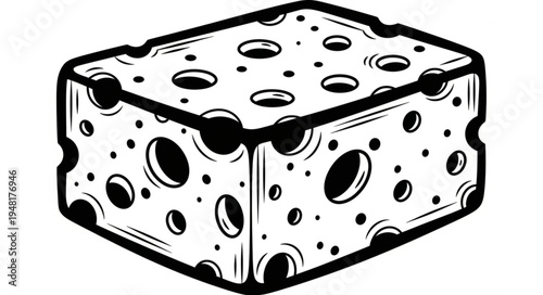 Cartoon Cheese Block with Holes, Black and White Illustration.