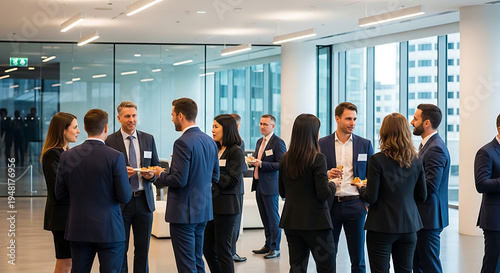 Networking Gathering: A group of professionals engages in lively conversations at a modern, light-filled venue, building connections and exchanging ideas in a collaborative environment.
