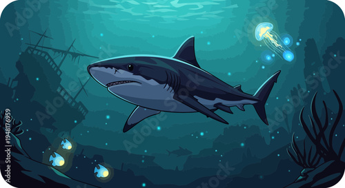 Great White Shark Swimming in Deep Ocean, Jellyfish and Shipwreck