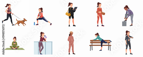 Flat Illustration Different Active Young Woman Exercising And Practicing Healthy Lifestyle