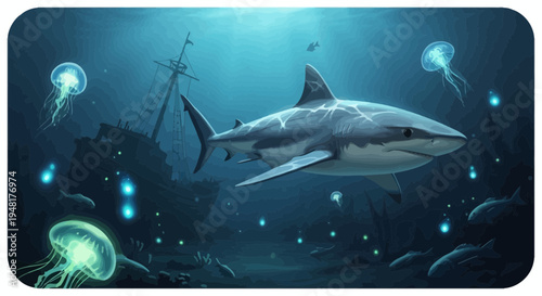 Great White Shark Swims Past Sunken Ship with Jellyfish and Fish