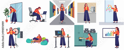 Flat Design Woman in Various Office Scenarios Illustration Set