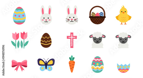 Easter icons eggs bunny basket chick
