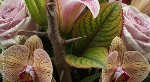 Delicate Floral Arrangement: Roses, Lilies, and Orchids with Thorns