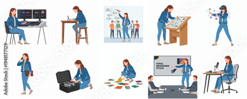 Flat Diverse Activity Set Female Character in Various Actions Illustration