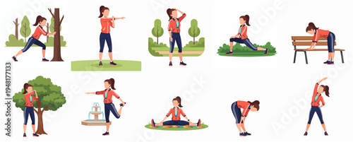Cartoon Style Various Woman Stretching Pose Outdoor Activities Illustration Collection
