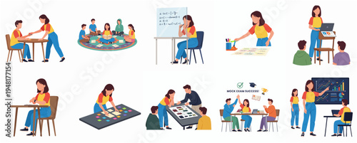 Flat Design School Activities and Classroom Learning Teaching Process Illustration